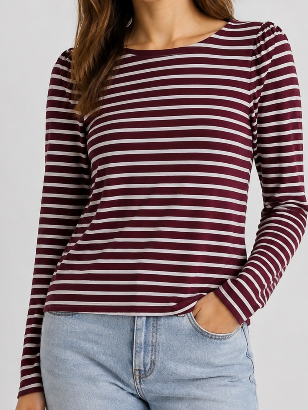 J.Crew Burgundy & Light Blue Cotton Striped Long Sleeve Top Button Back
